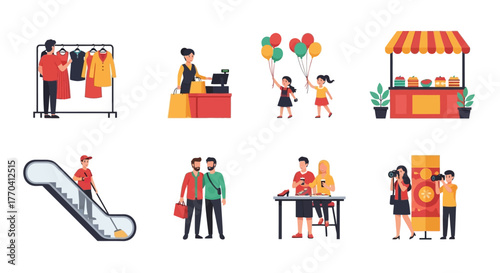 Diverse group of people engaged in various shopping and leisure activities