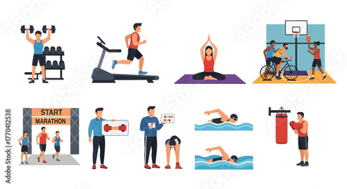 Diverse group of people engaged in various sports and fitness activities