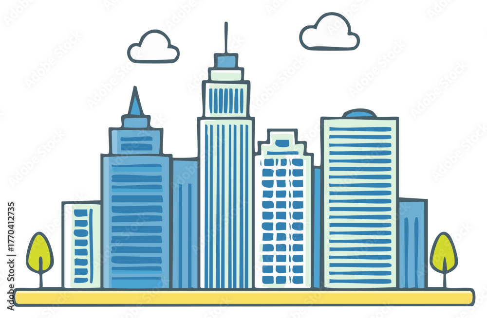 Fototapeta premium Vibrant Hand Drawn City Skyline Illustration with Modern Buildings, Urban Landscape, and Clouds