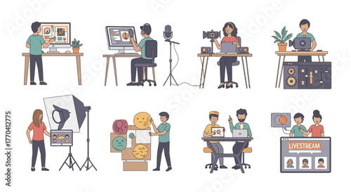 Diverse individuals engaged in digital content creation and broadcasting activities