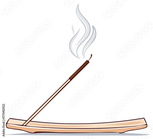 Incense stick burning in a wooden holder with wisps of smoke