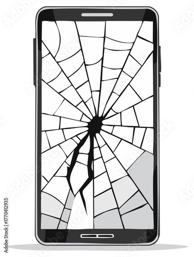 Black mobile phone with a dramatically shattered screen and central impact point illustration