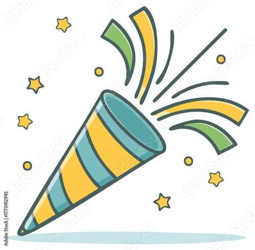 Celebratory party popper launching colorful confetti shapes and stars into the air with fun vector illustration