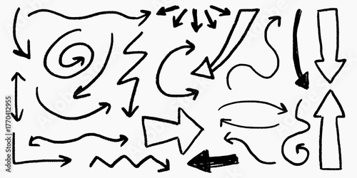 Chalk pencil arrows set. Crayon underlines and swirls, doodle direction pointers in sketch style, grunge texture, scribble.