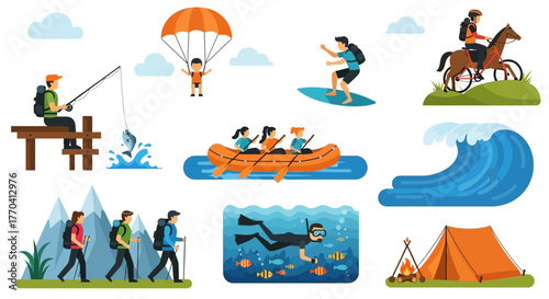 Diverse Outdoor Activities: Rafting, Hiking, Fishing, Diving, Surfing, Camping, and Riding