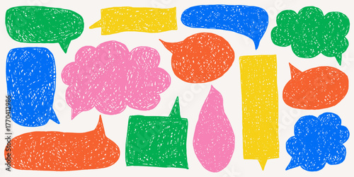 Cute childlike sketch borders in bright colors, playful shapes and crayon scribbles, naive speech bubbles with text box chalkboard style.