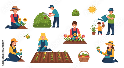 Diverse people engaged in various gardening activities, planting, pruning, and watering plants.
