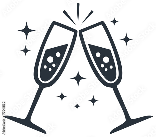 Celebratory champagne toast icon with sparkling flutes bubbles and festive stars