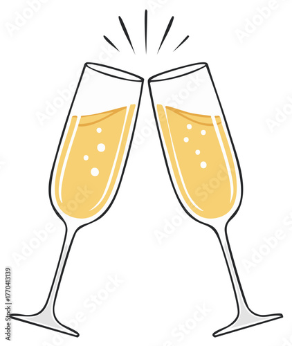 Two Champagne Glasses Clinking Together for Celebration, Toasting, Cheers