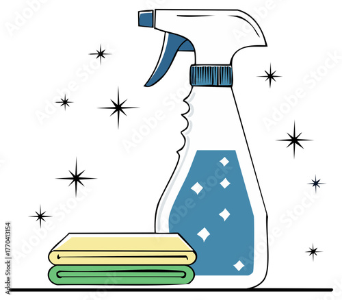 Cleaning supplies illustration with spray bottle folded cloths and sparkles for a tidy sparkling home