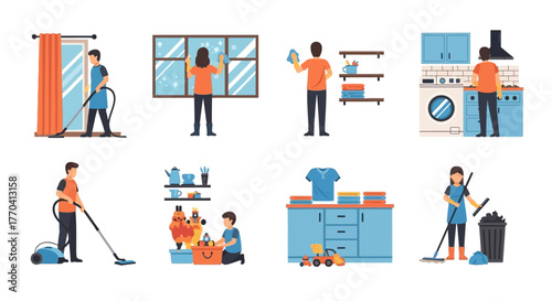 Diverse people engaged in various household cleaning activities