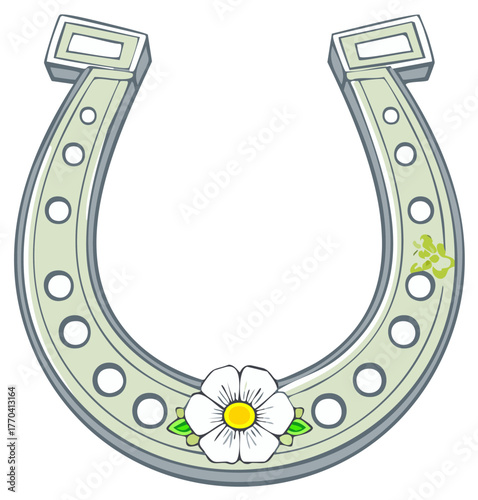 Traditional Lucky Horseshoe Symbol Decorated with Elegant White Flower and Green Leaves Illustration