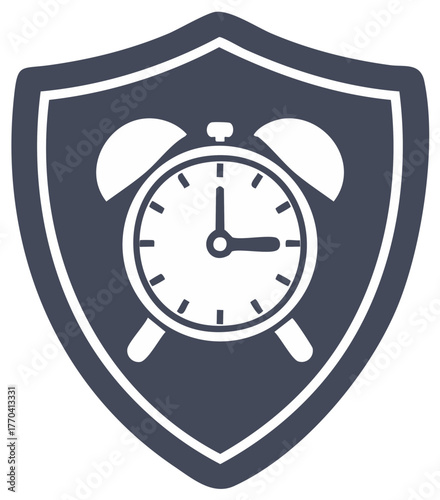 Alarm clock inside a shield logo icon, representing concepts of security and time.