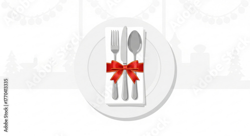 Silverware with red ribbon on white plate for New Year, Christmas  