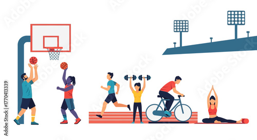 Diverse People Exercising: Basketball, Running, Weightlifting, Cycling, and Yoga