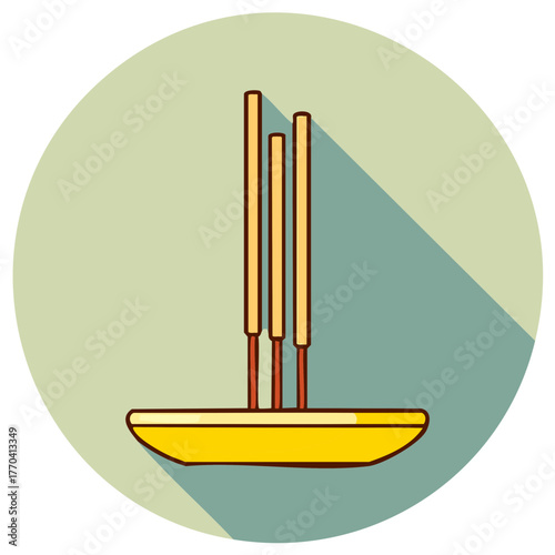 Three incense sticks in a yellow holder flat design icon with long shadow effect for meditation