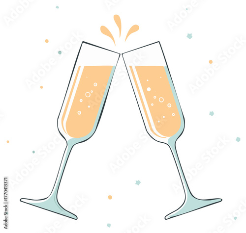 Two champagne glasses clinking together, symbolizing celebration and joy, with sparkling bubbles and confetti.