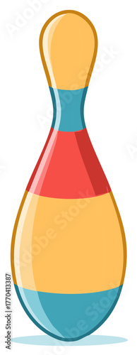 Vibrant Stylized Bowling Pin with Yellow, Red, and Blue Stripes Illustration