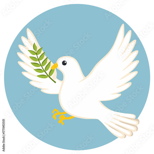 White dove flying with olive branch in its beak on a circular blue background symbolizing peace and serenity. Vector illustration.