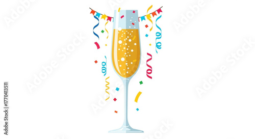 Celebration champagne glass with confetti for New Year, Christmas  