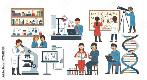 Diverse scientists engaged in various laboratory experiments and research activities