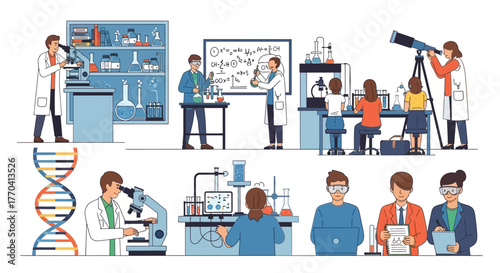 Diverse scientists engaged in various laboratory experiments and research activities