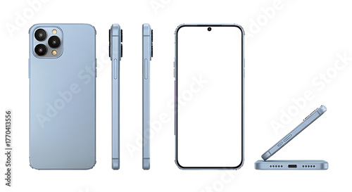 Modern smartphone with multiple views showing back side profile and front screen isolated on transparent background