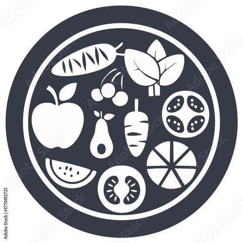 Healthy Food Assortment Icon Flat Design with Fruits and Vegetables