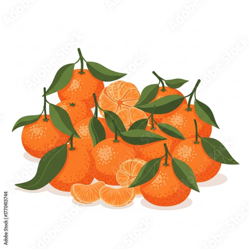 Fresh oranges stacked with green leaves and slices on white background  