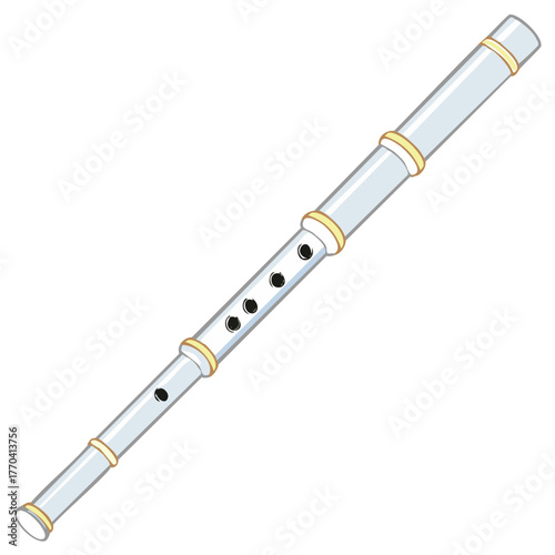 Illustration of a silver concert flute with holes and golden accents for musical performance and design