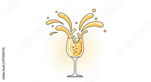 Glass of champagne with sparkling bubbles and splashes for celebration  