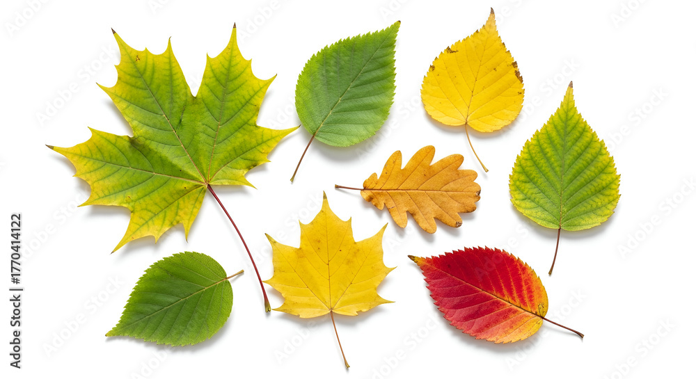 Fototapeta premium Assortment of Autumn Leaves in Various Colors Keywords: autumn, fall, leaves, foliage, nature