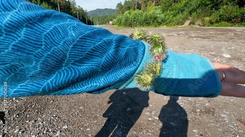 Prickly burdock seeds stuck to a tourist's sleeve against the backdrop of a mountain road and forest. Macro, summer, travel, natural Velcro.
