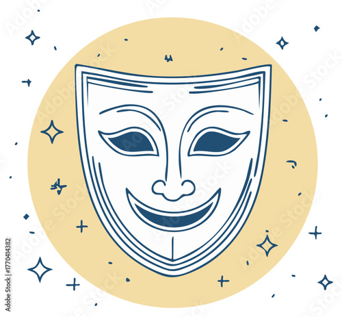 Comedy Theater Mask Against Round Shape with Stars for Decoration, vector graphics