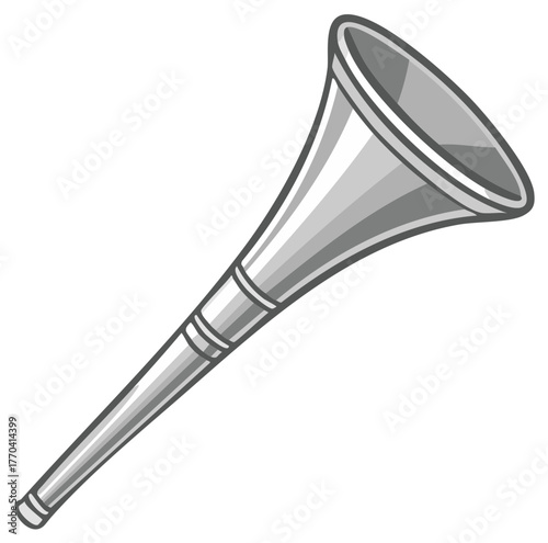 Illustration of a silver vuvuzela on a white background. Cartoon graphic.