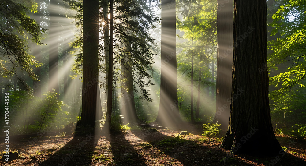 Obraz premium Sunlight Streaming Through Forest Trees in Morning