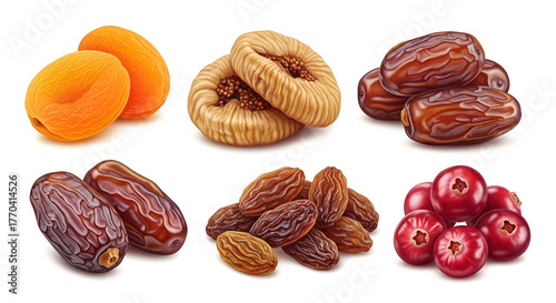 Assortment of Dried Fruits and Berries Keywords: dried fruit, dried apricots, dried figs, dates
