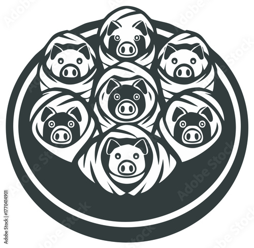 Stylized illustration of pigs arranged in a circular pattern.