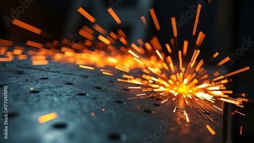 Close-up of glowing orange sparks on textured metal in a dark industrial environment.