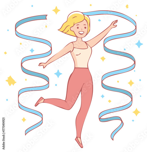 Joyful young woman with blonde hair dancing with blue ribbon and sparkling stars