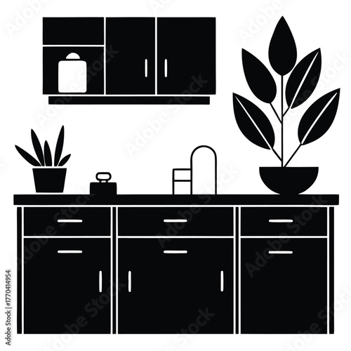 scandinavian white kitchen with green plants  vect