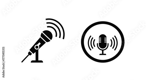 Two black microphone icons depicting audio recording and broadcasting concepts