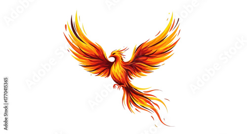 Illustration of a stylized phoenix bird with fiery wings and feathers against white background