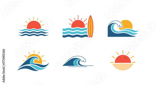 Minimalist summer icons featuring ocean waves sun and surfboard designs