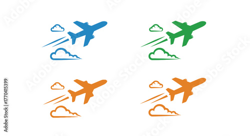 Colorful airplane icons flying among clouds in a simple graphic design