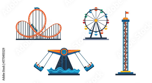 Colorful amusement park rides including a roller coaster and ferris wheel
