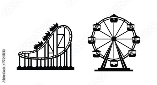 Amusement park rides including a rollercoaster and a ferris wheel shown