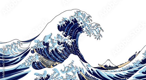 Ocean wave illustration with traditional art style showing water movement and boats under the crest