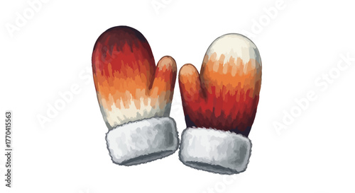 Pair of painted winter mittens in warm tones isolated on white background