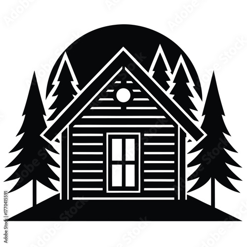 wooden cabin interior surrounded by forest view  v